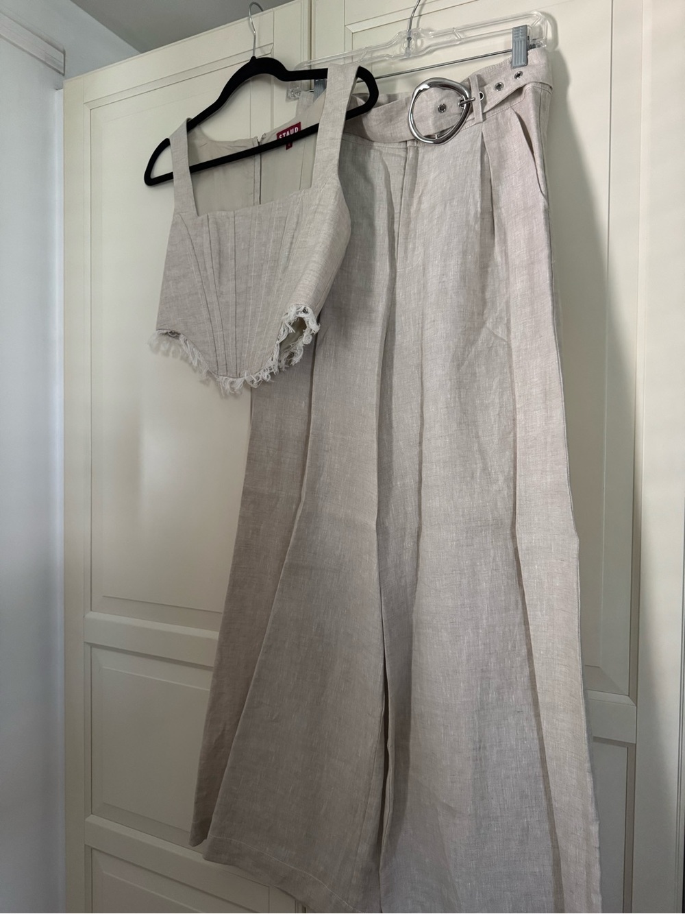 STAUD Triton Set Linen Wide-Leg Pants with Silver Buckle Belt & Linen Corset - Picture 1 of 12